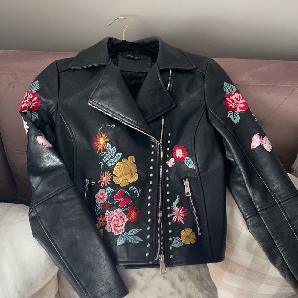 Romeo + Juliet Couture Vegan Leather Moto Jacket with Embroidery S